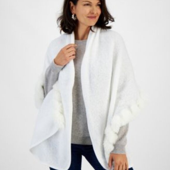 NWT INC International Concepts Women's Faux Fur Trim Topper Wrap Ivory - Picture 3 of 3